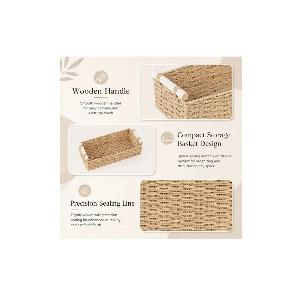 Farmhouse Toilet Paper Baskets 2 Pack Beige Woven Wood Handles Bathroom